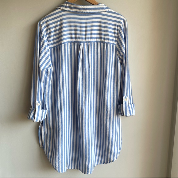 Flint & Moss M Striped Linen Blend Long Button Down Shirt Tunic Coastal Grandma - Picture 6 of 12